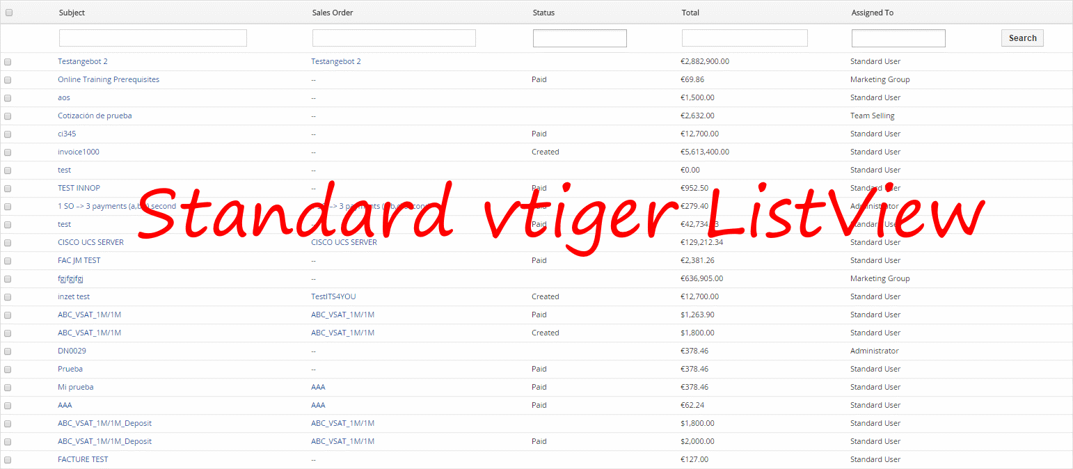 Porovnanie standardneho zoznamu s Listview Color extension pre Vtiger CRM