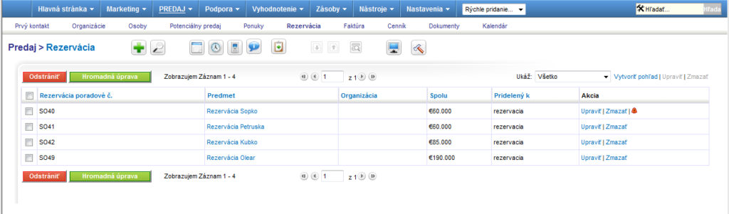 CRM zobrazenie rezervácií